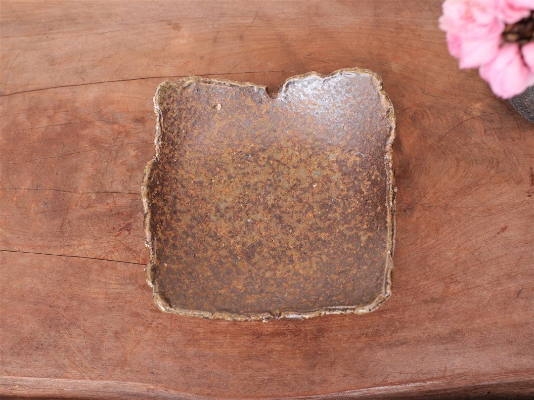 Bizen ware square plate (15.5cm) sr1-034 - 盘子/餐盘/盘架 - 陶 橘色
