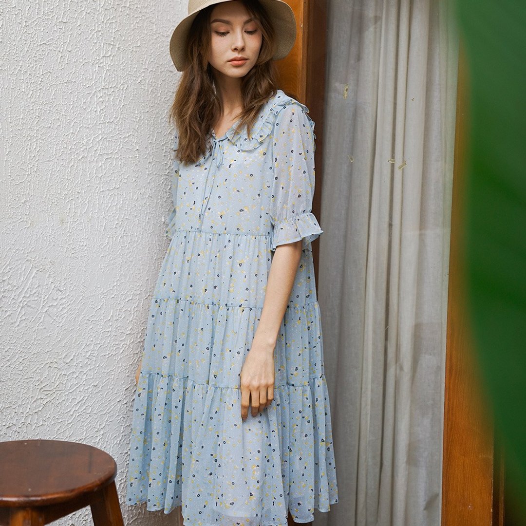 Hana Mokuba 娃娃领层次碎花雪纺洋装 - 洋装/连衣裙 - 其他材质 