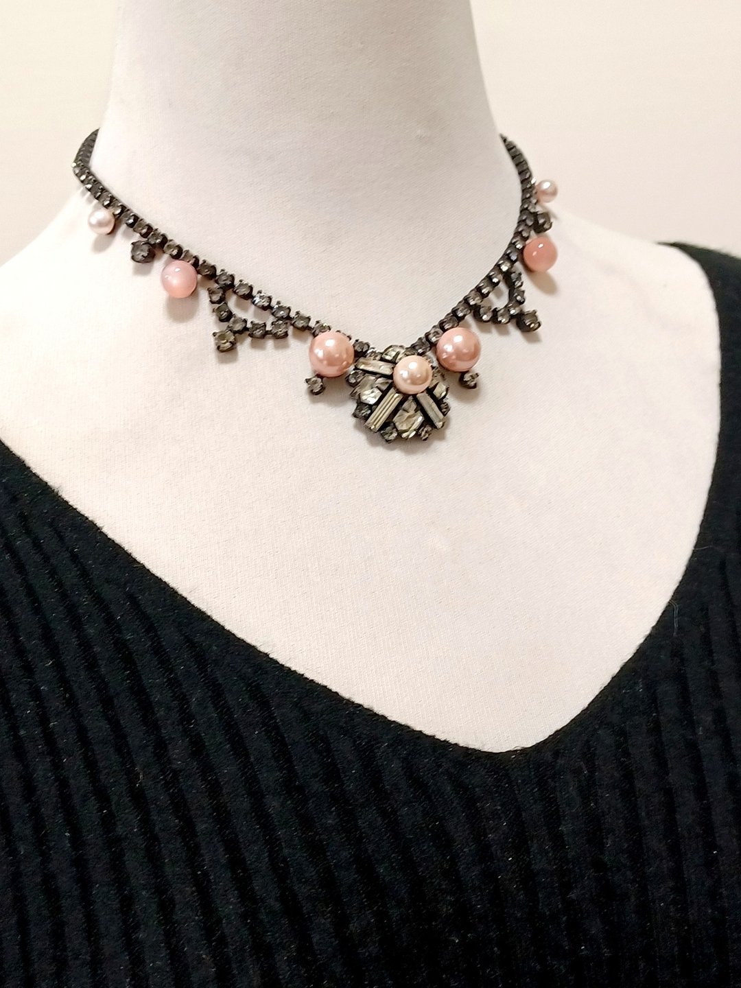 vintage jewelry 古典黑底粉色维多利亚莱茵项链 - 项链 - 其他金属 