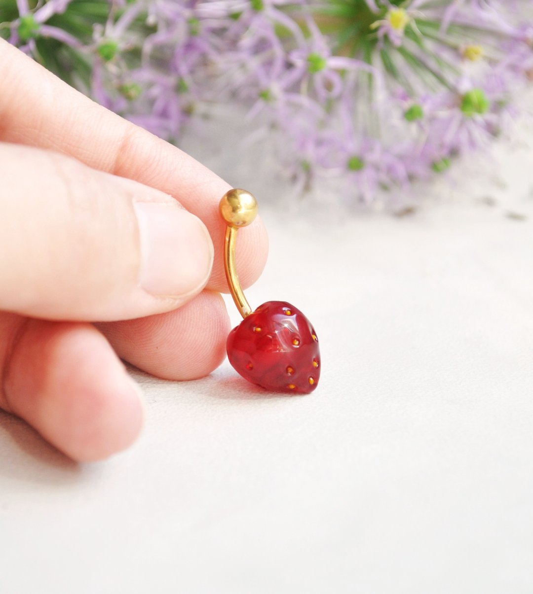 Strawberry belly button ring Snug piercing jewelry Navel curved barbell - 其他 - 玻璃 红色