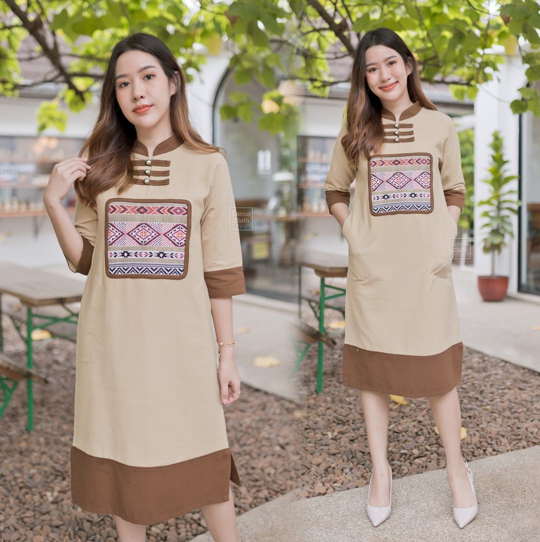 卡其色传统服饰连接深棕色织物。 - 洋装/连衣裙 - 棉 