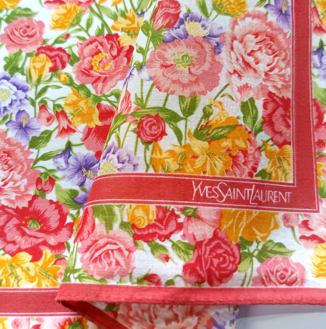 Yves Saint Laurent 古董手帕 植物花卉印花 18.5 x 18.5 英寸 - 手帕/方巾 - 棉 红色