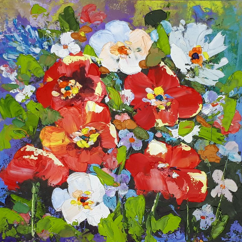Poppy Painting Floral Original Art Wildflowers Impasto Oil Painting Small - 海报/装饰画/版画 - 其他材质 多色