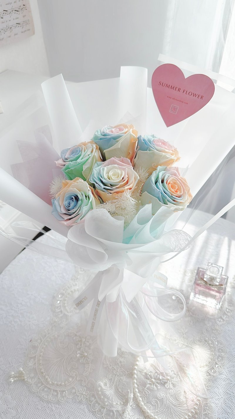 甜心马卡龙永生玫瑰花束 - 干燥花/捧花 - 植物．花 多色