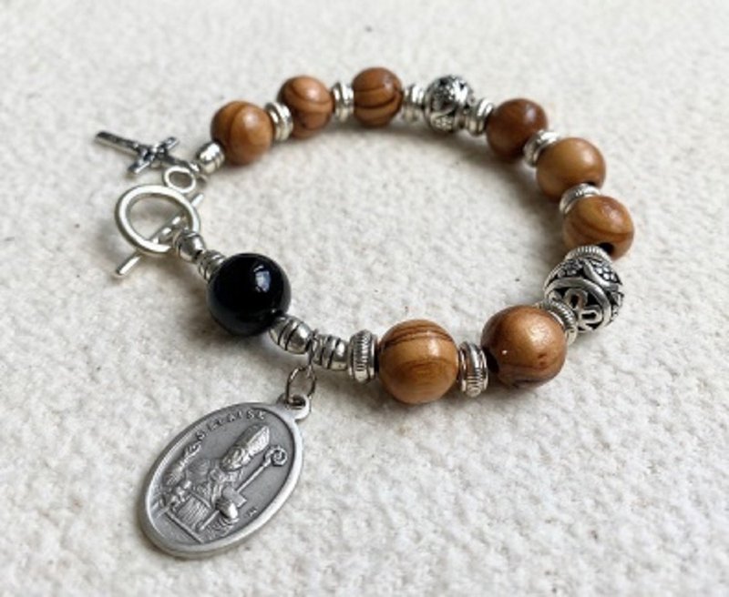 以色列进口橄榄木天然黑玛瑙结合圣巴拉斯圣牌手环(10mm) 8250829 - 手链/手环 - 木头 咖啡色