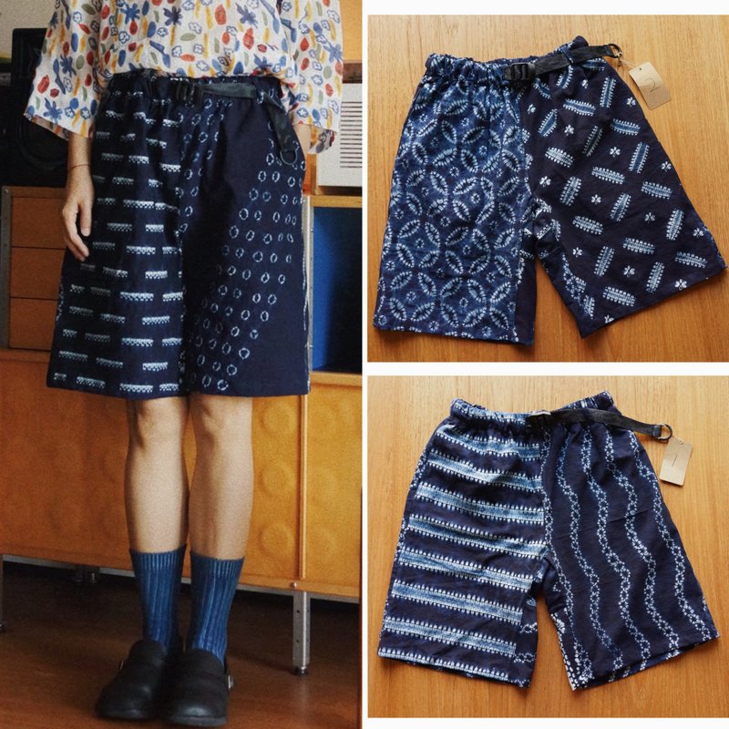 indigo藍染 中性腰帶款休閒滑板短褲 古布拼布款手工扎染中褲 - 女装短裤 - 棉．麻 蓝色