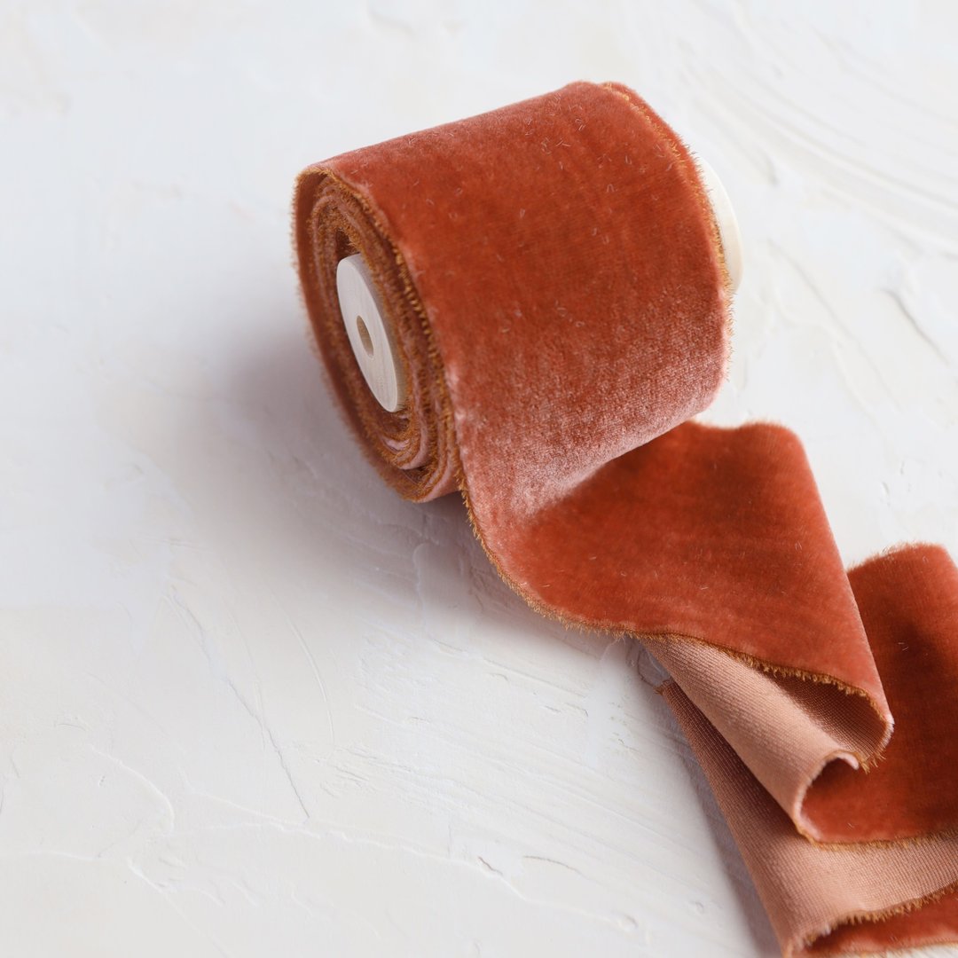 Cinnamon Velvet Silk Ribbon | Hand Dyed Velvet Silk Ribbon on Wooden Spool - 包装材料 - 丝．绢 橘色