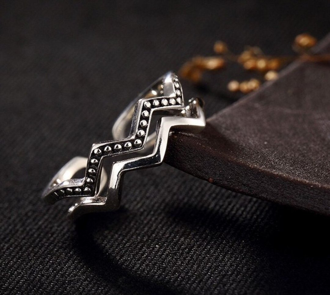 Real 925 Sterling Silver Ethnic Opening Finger Rings for Women Hollow Wave - 戒指 - 银 银色