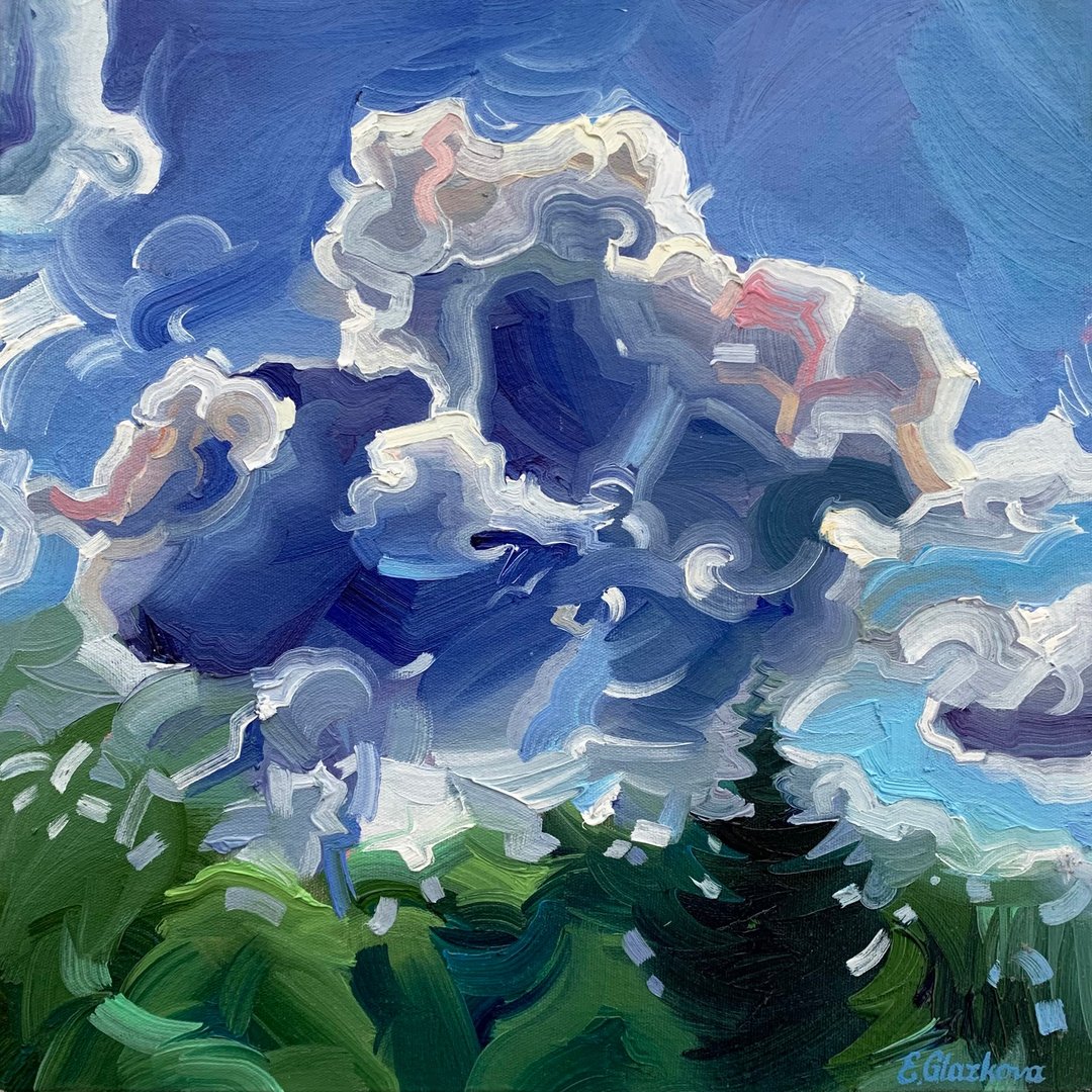 原创油画  树上的蓬松的云朵。帆布面板。 - 墙贴/壁贴 - 其他材质 蓝色