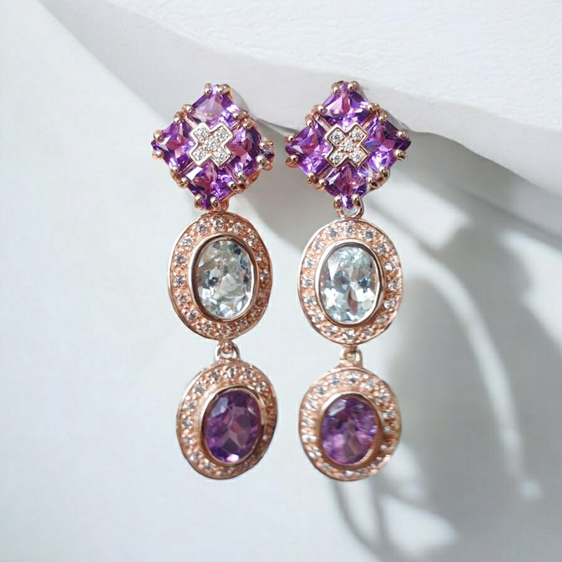 紫水晶、海蓝宝、白水晶坠式耳环，925 纯银 - 耳环/耳夹 - 宝石 紫色
