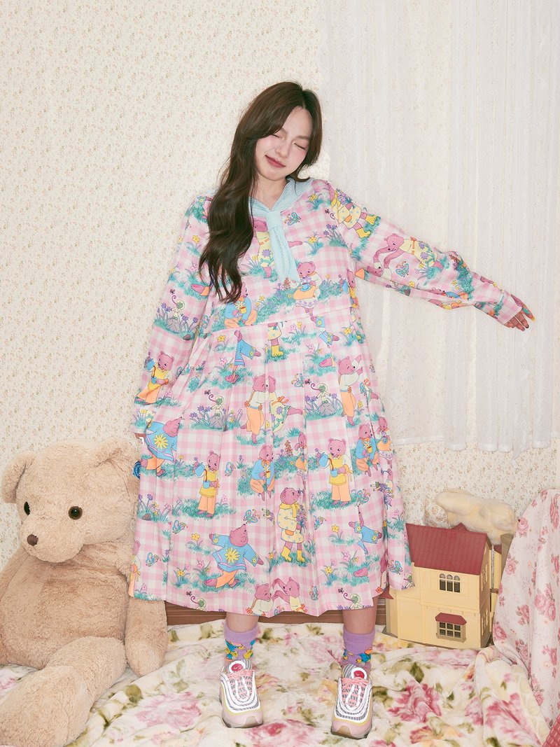 粉色小熊插画印花可拆海军领连衣裙 - 洋装/连衣裙 - 其他材质 多色