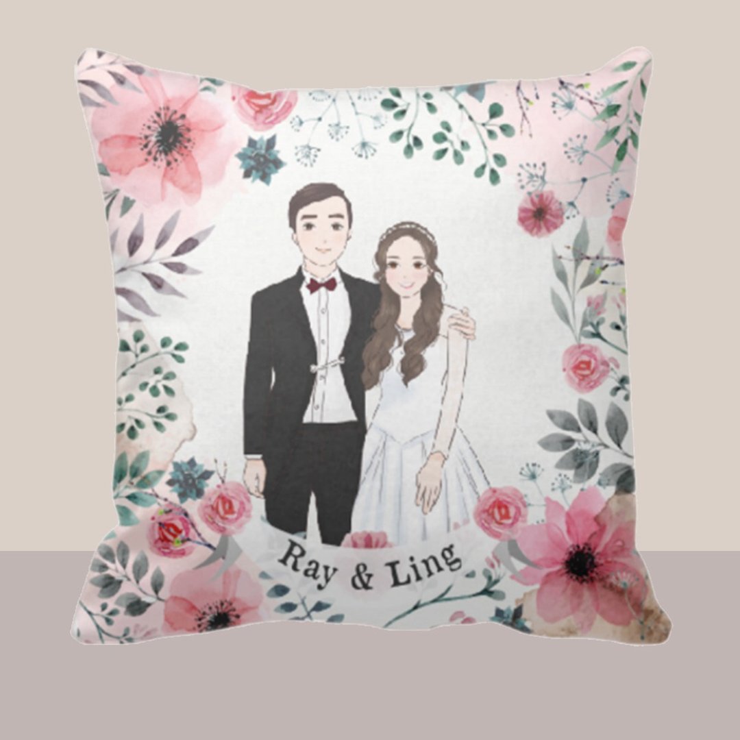 【定制化结婚礼物】插画定制抱枕 Pink Flower 款式 个人化结婚礼 - 枕头/抱枕 - 聚酯纤维 粉红色
