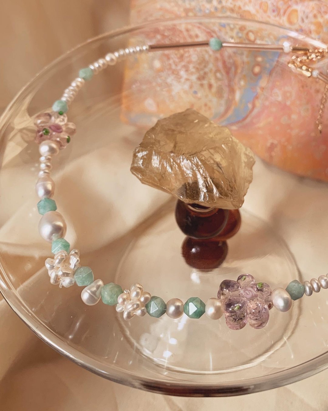 ALYSSA & JAMES 绿粉红色调 天然珍珠 琉璃珠 小众choker 颈链 - 项链 - 珍珠 粉红色