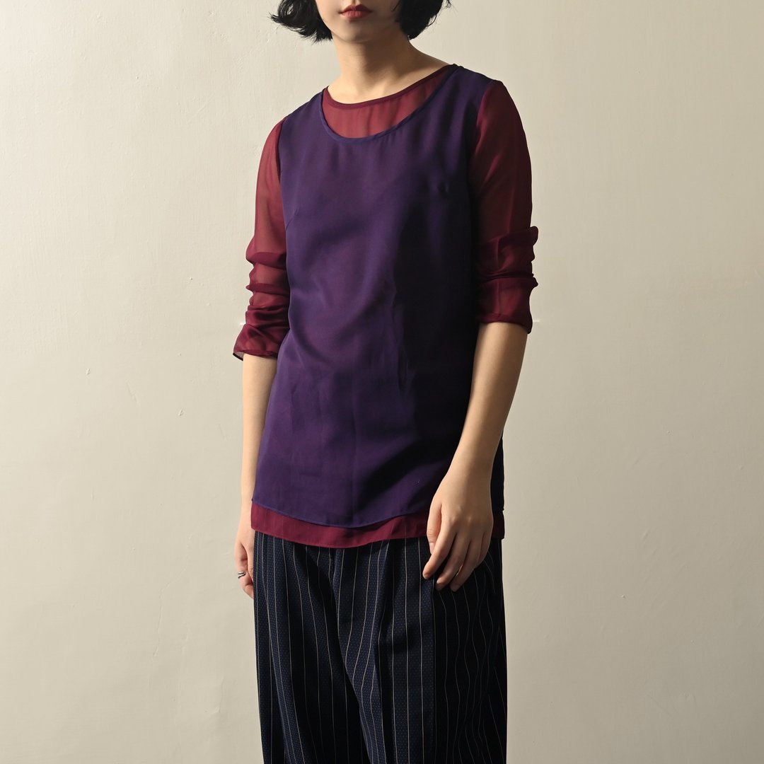 【NaSuBi Vintage】假两件式拼色纱质古着上衣 - 女装上衣 - 其他人造纤维 