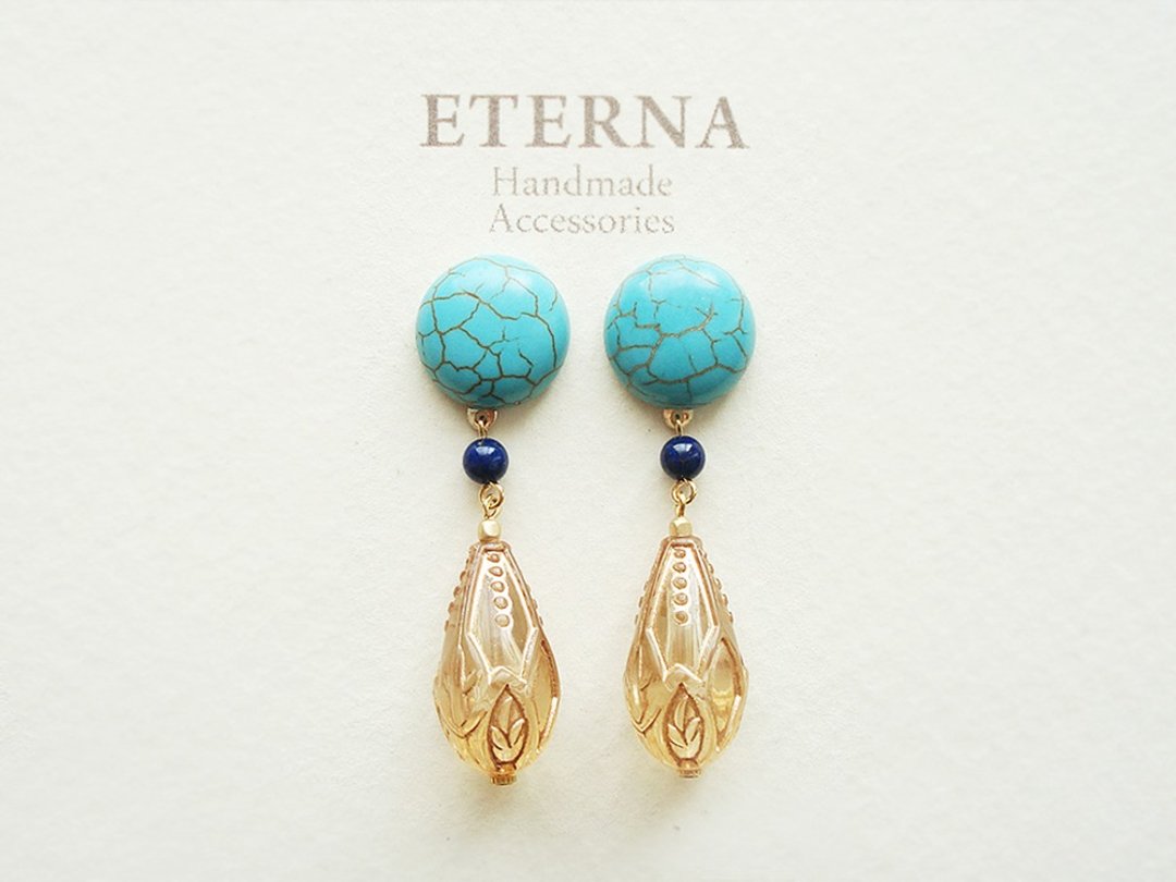 Stabilized turquoise, lapis lazuli and acrylic beads clip on earrings 夾式 - 耳环/耳夹 - 石头 蓝色
