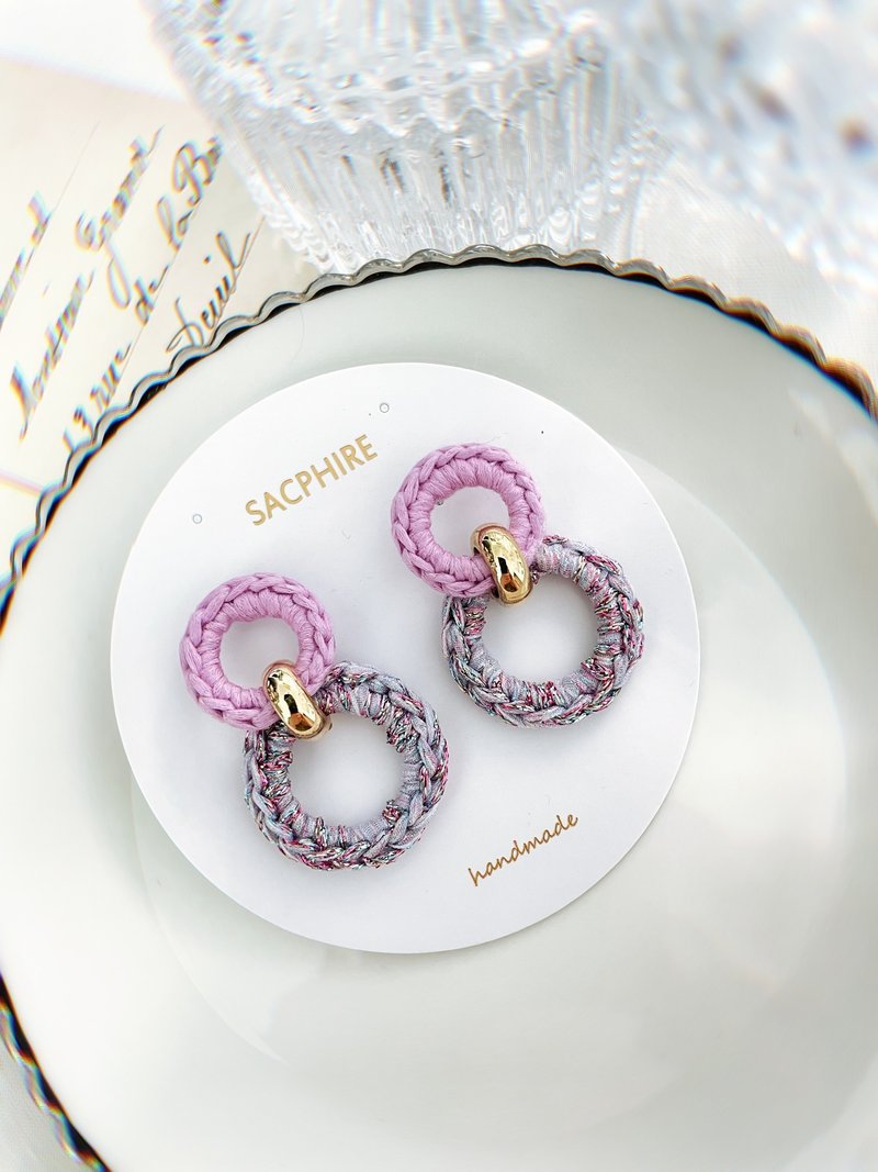 粉红鈎织暗闪圈圈耳环 复古 纱线 混线 - 耳环/耳夹 - 其他材质 粉红色