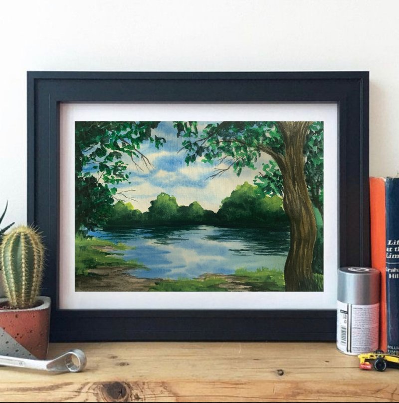 Original Watercolor Forest Landscape Lake Painting Trees Landscape - 墙贴/壁贴 - 纸 多色