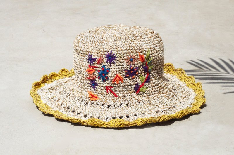 母亲节礼物 限量一件 手工编织棉麻帽/编织帽/渔夫帽/遮阳帽/草帽/草编帽 - Boho 彩虹刺绣花朵 森林风 ( 黄色 ) - 帽子 - 棉．麻 多色