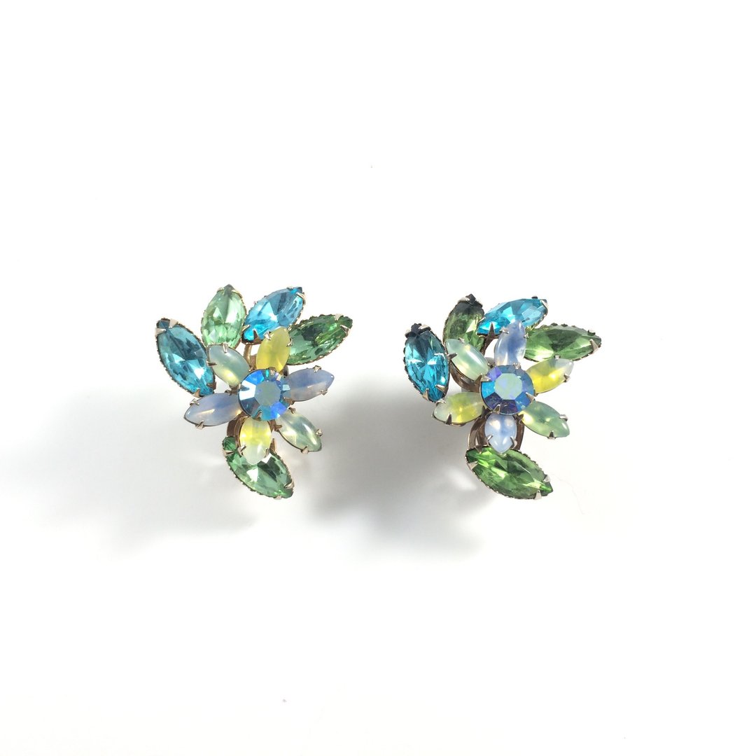 Vintage 60s Lime Sparkle Crystal Clip-on Earrings - 耳环/耳夹 - 银 多色