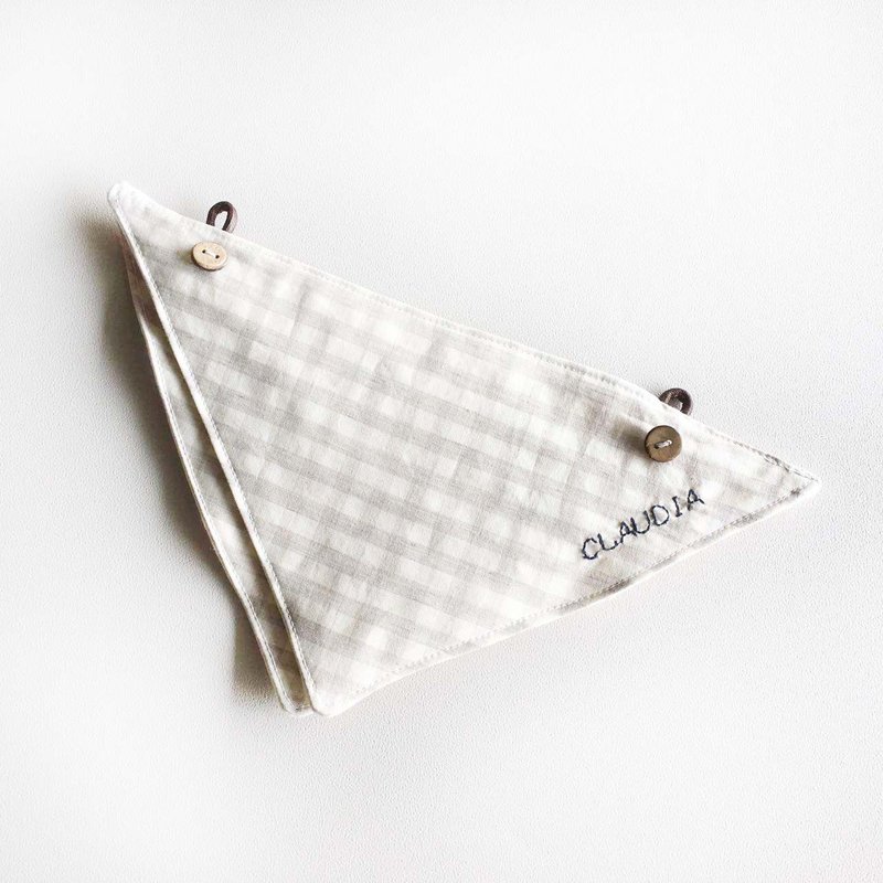 upcycle 两用口水巾/可再利用为小手帕/抗菌银纤维格纹/弥月礼 - 围嘴/口水巾 - 棉．麻 灰色