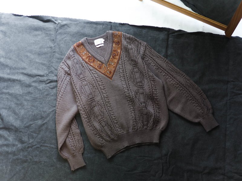 咖茶褐织领麻花松松休闲手札 古董粗织立体羊毛古着毛衣 vintage - 女装针织衫/毛衣 - 羊毛 咖啡色