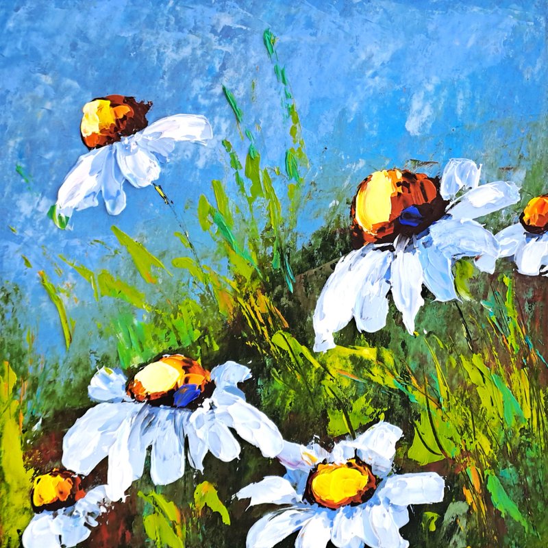 Daisies Painting Daisy Original Art Impasto Oil Painting Flowers Small Wall Art - 海报/装饰画/版画 - 其他材质 多色
