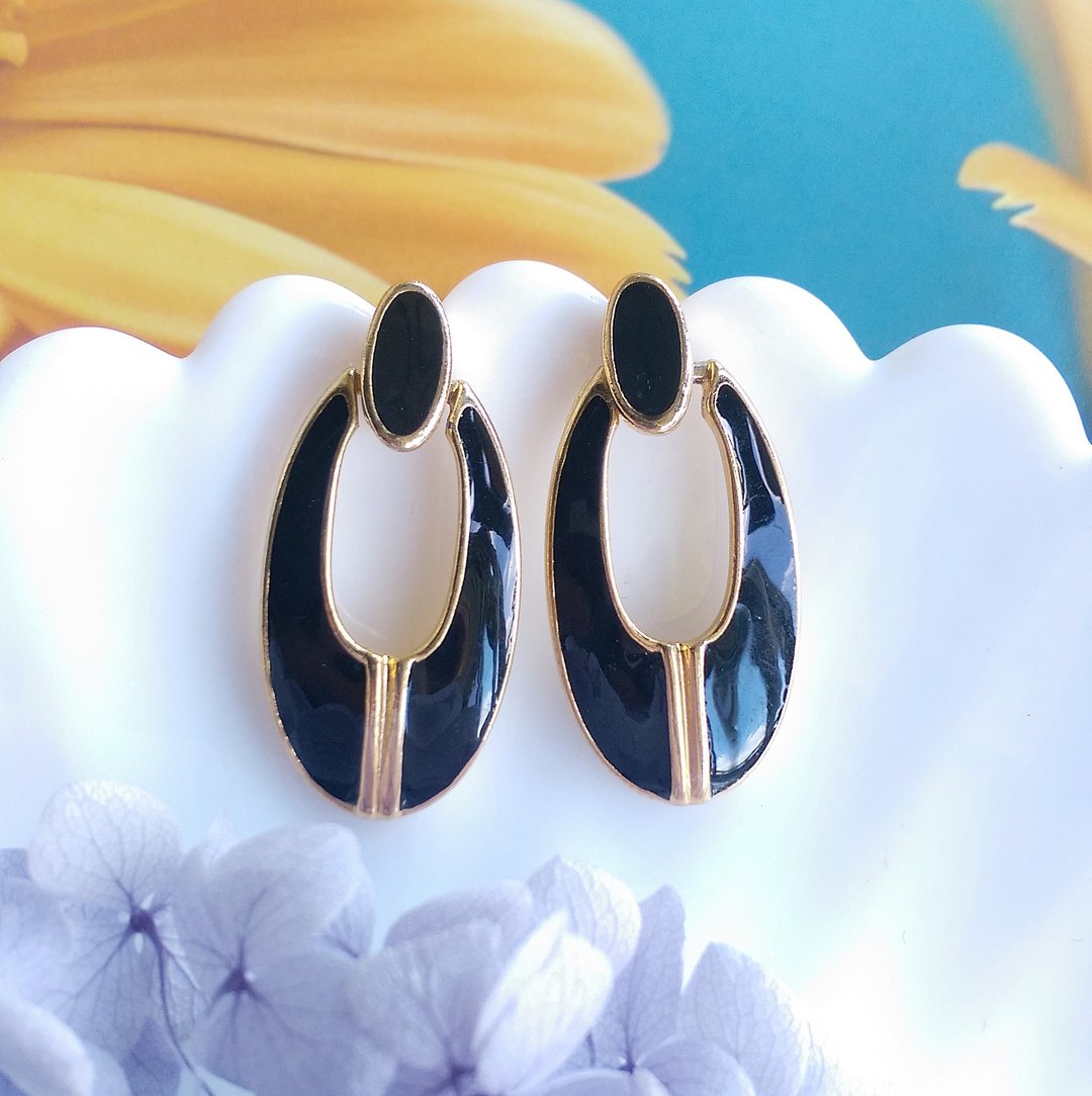 Vintage Jewelry 西洋古董饰品 黑色调 复古摩登优雅 针式耳环 - 耳环/耳夹 - 其他金属 透明
