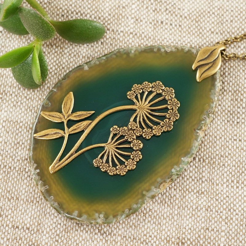 Green Agate Slice Slab Necklace Flower Floral Grass Green Stone Pendant Jewelry - 项链 - 半宝石 绿色