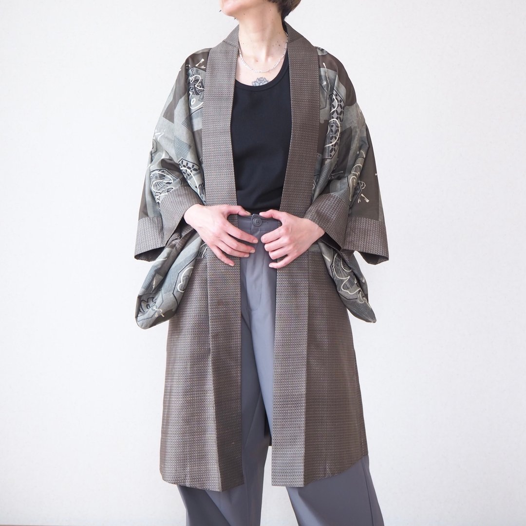【日本制造】双面和服男式、大岛紬、休闲服装、古铜棕色 - 居家服/睡衣 - 丝．绢 咖啡色