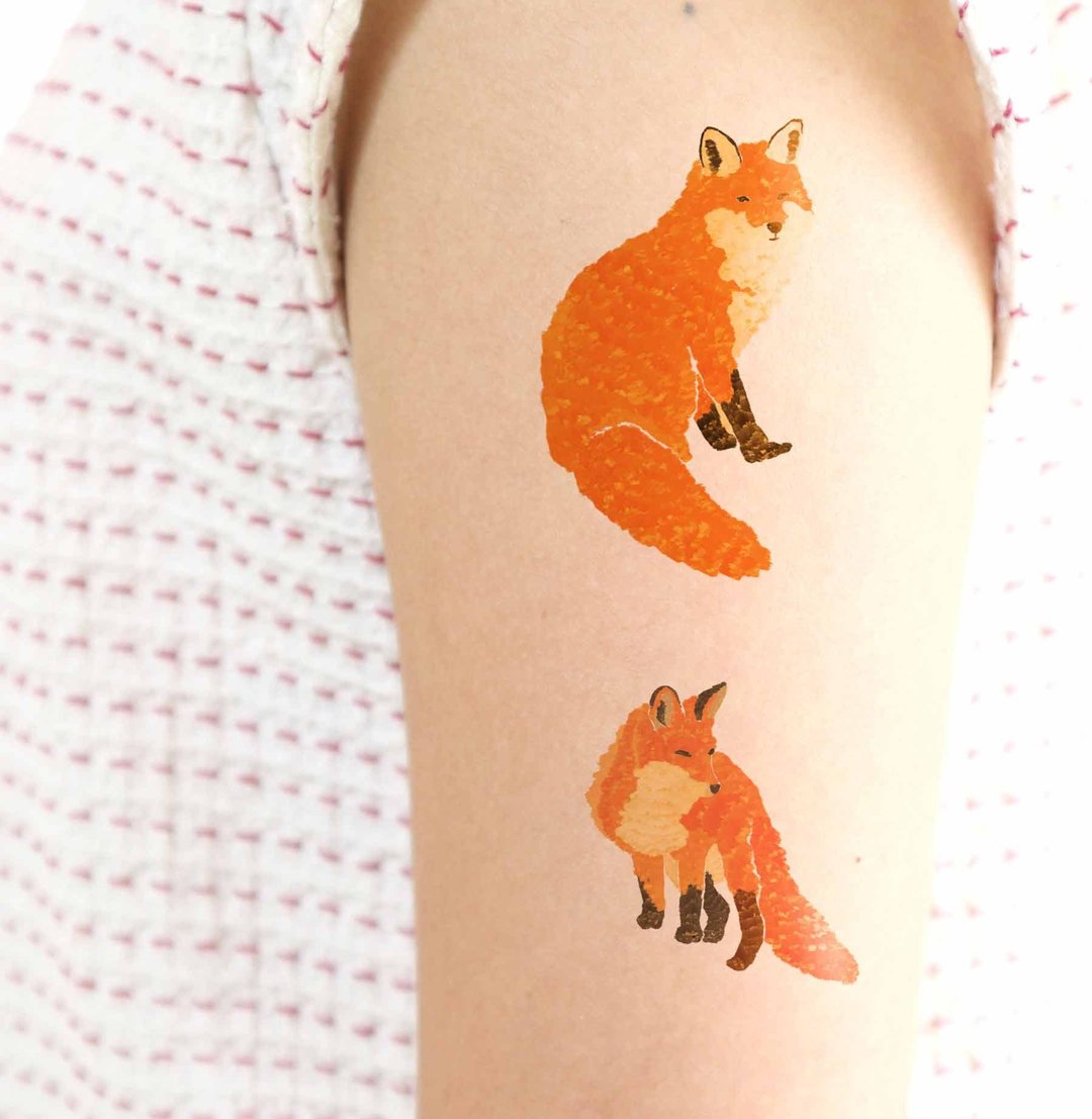 // Playful foxes tattoos stickers // paintbrush texture. Orange foxes . Special gift. - 纹身贴 - 纸 橘色
