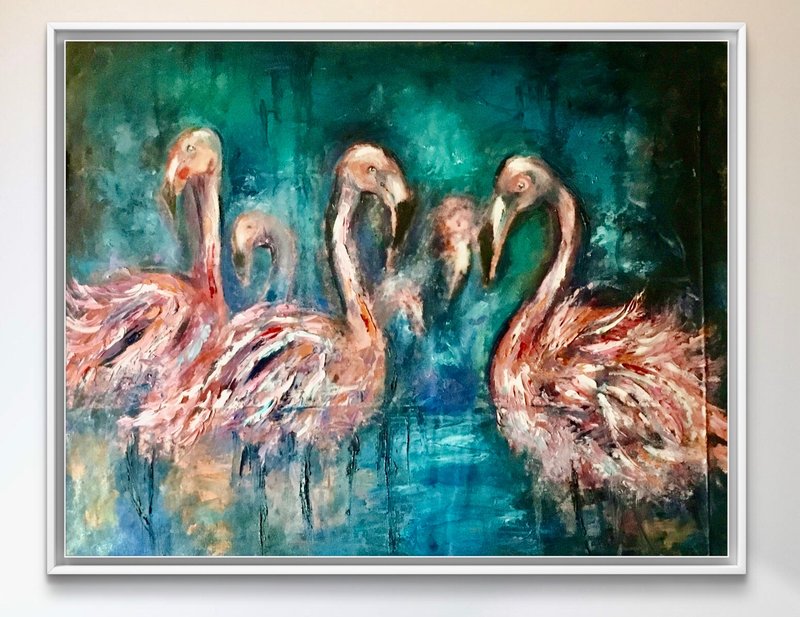 蓝雾中的静默之舞 – 原创火鹤油画 - 墙贴/壁贴 - 其他材质 