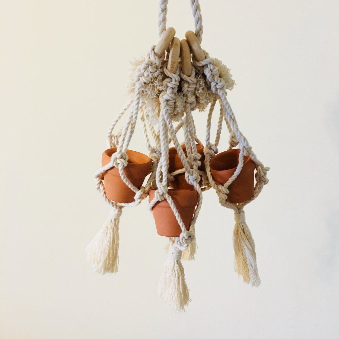 Macramé 花边结 可爱空气凤梨多肉植物 小盆悬挂饰品 含小陶盆 - 花瓶/陶器 - 其他材质 白色