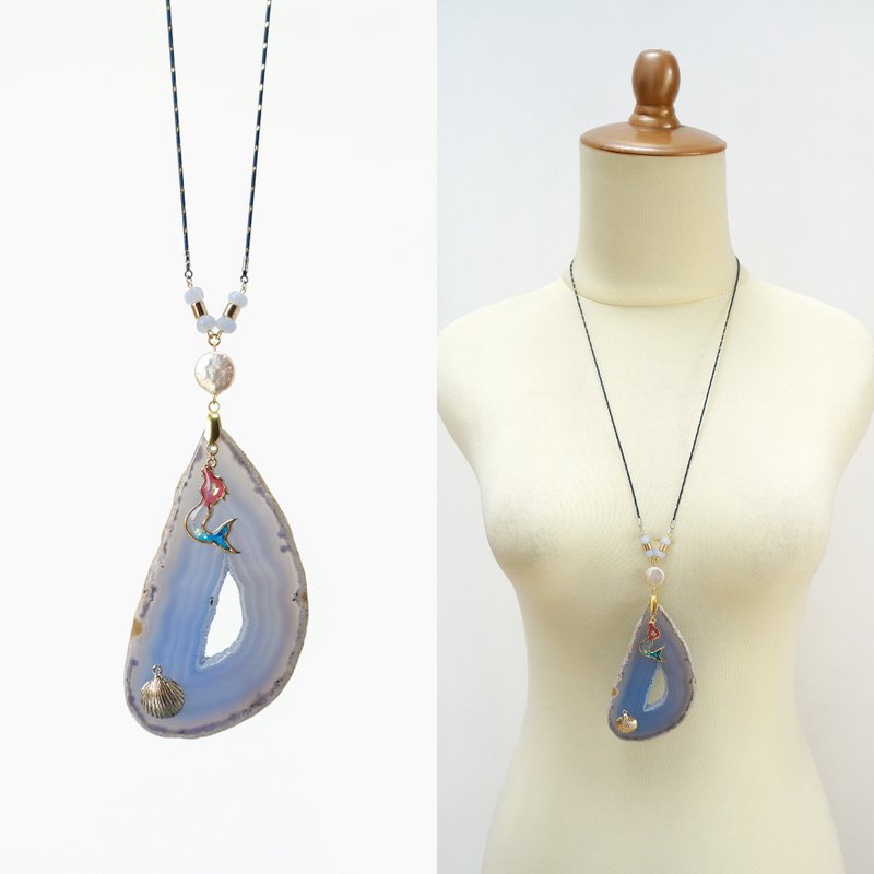 美人鱼海洋色大块玛瑙切片项链 // 独一无二 - 项链 - 半宝石 蓝色