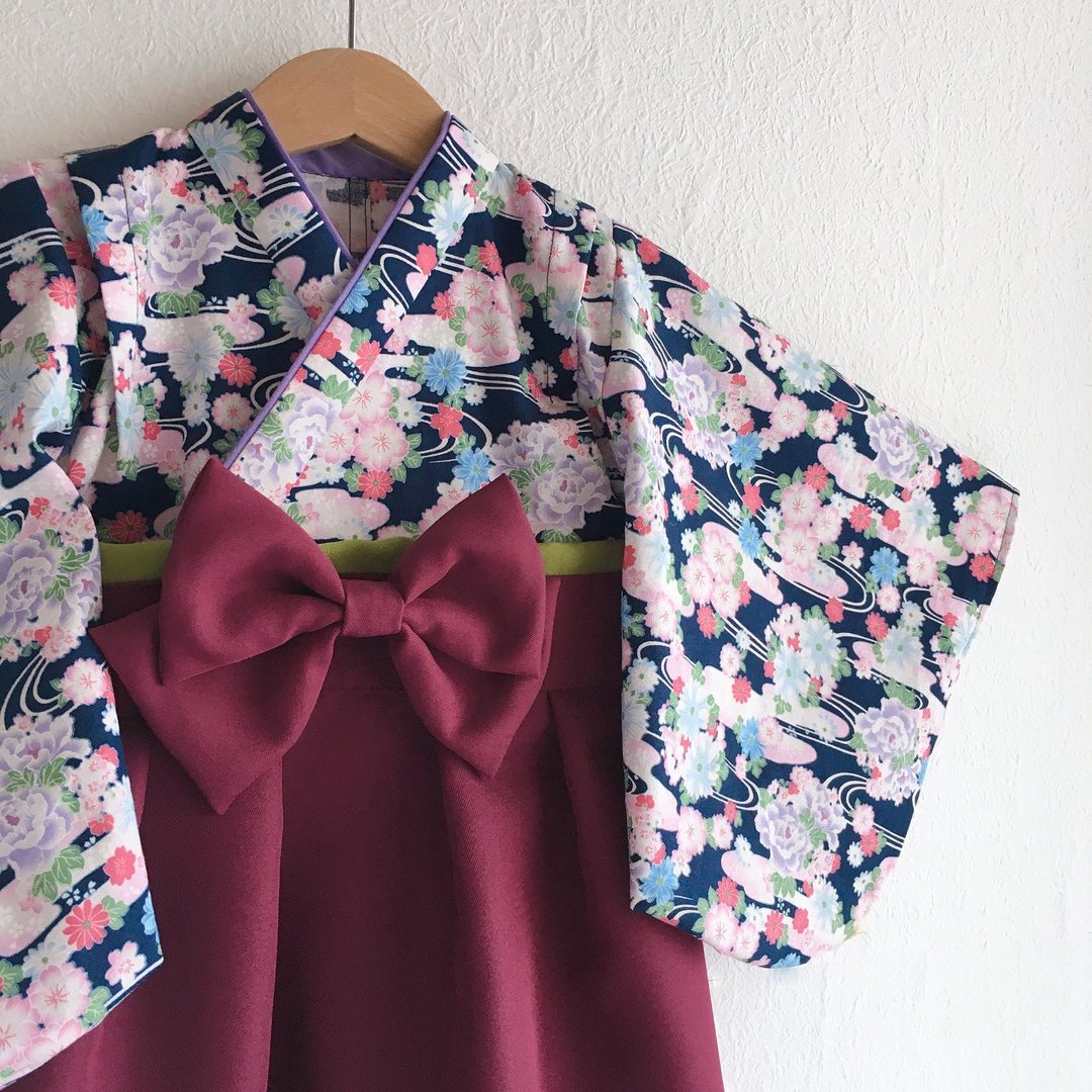 Hakama Dress日本裤连衣裙-流水花Blue-Dark Red  (女童/嬰兒/兒) - 童装礼服/连衣裙 - 棉 红色