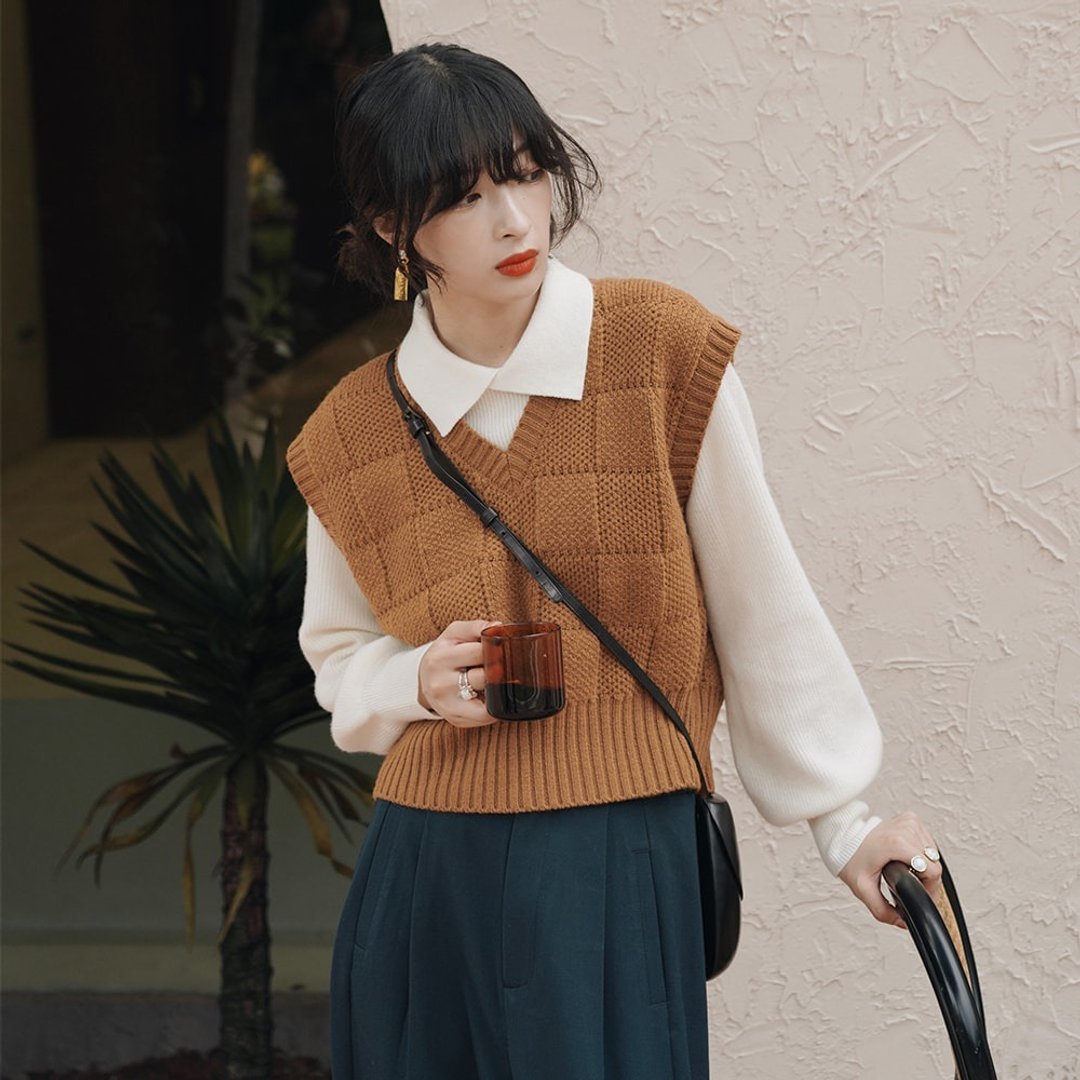 棋盘格针织背心马甲|背心|两色|秋冬款|羊驼毛|Sora-825 - 女装针织衫/毛衣 - 羊毛 多色