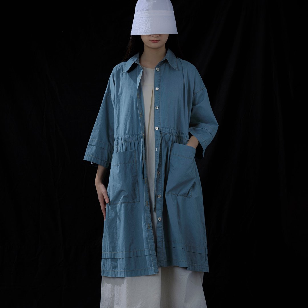 抽带长衬衫外套 - 女装衬衫 - 棉 蓝色