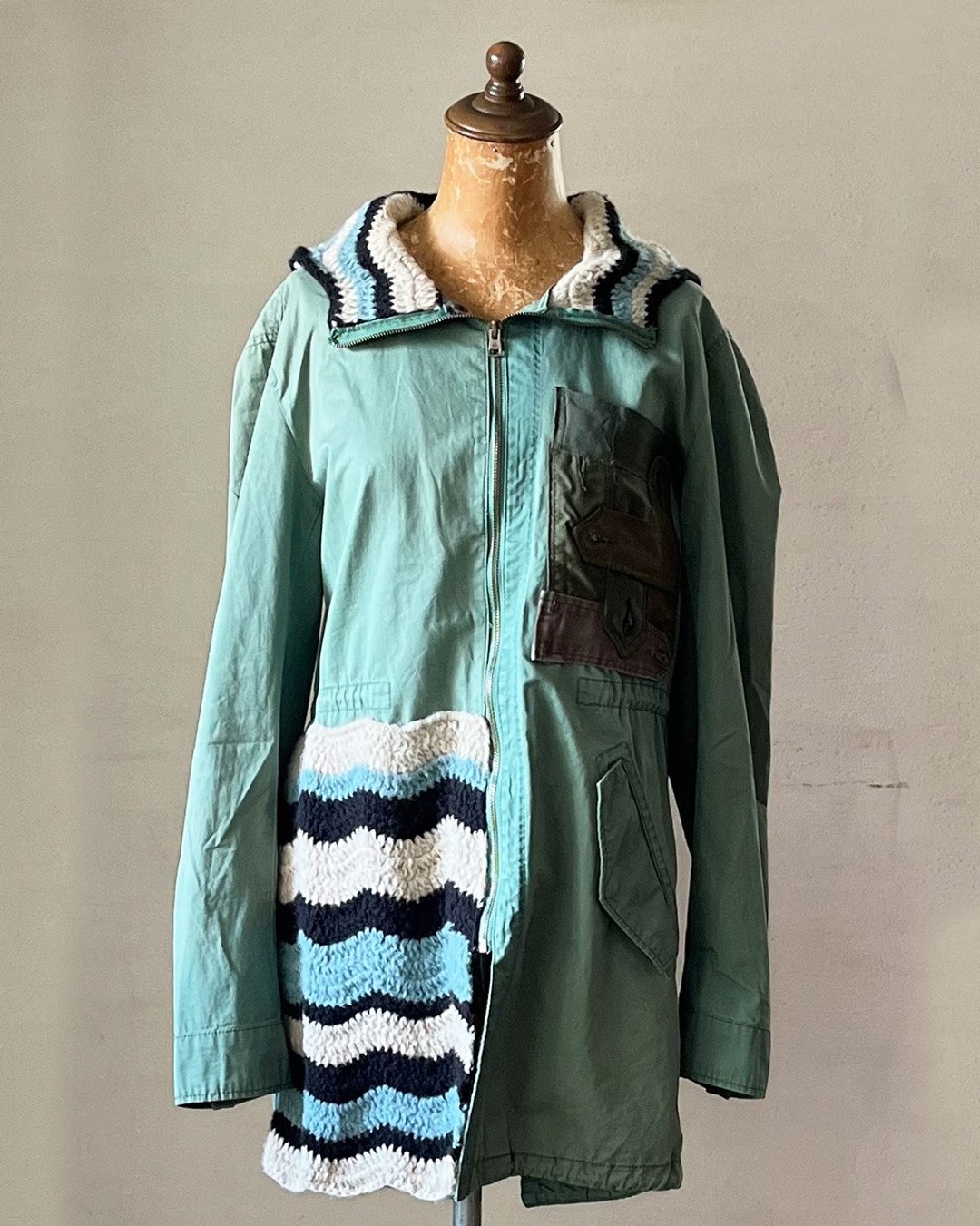 Mods coat with hand-knitted hood - Hand Knit x Used Clothing - 2022AW - 女装西装外套/风衣 - 其他材质 绿色
