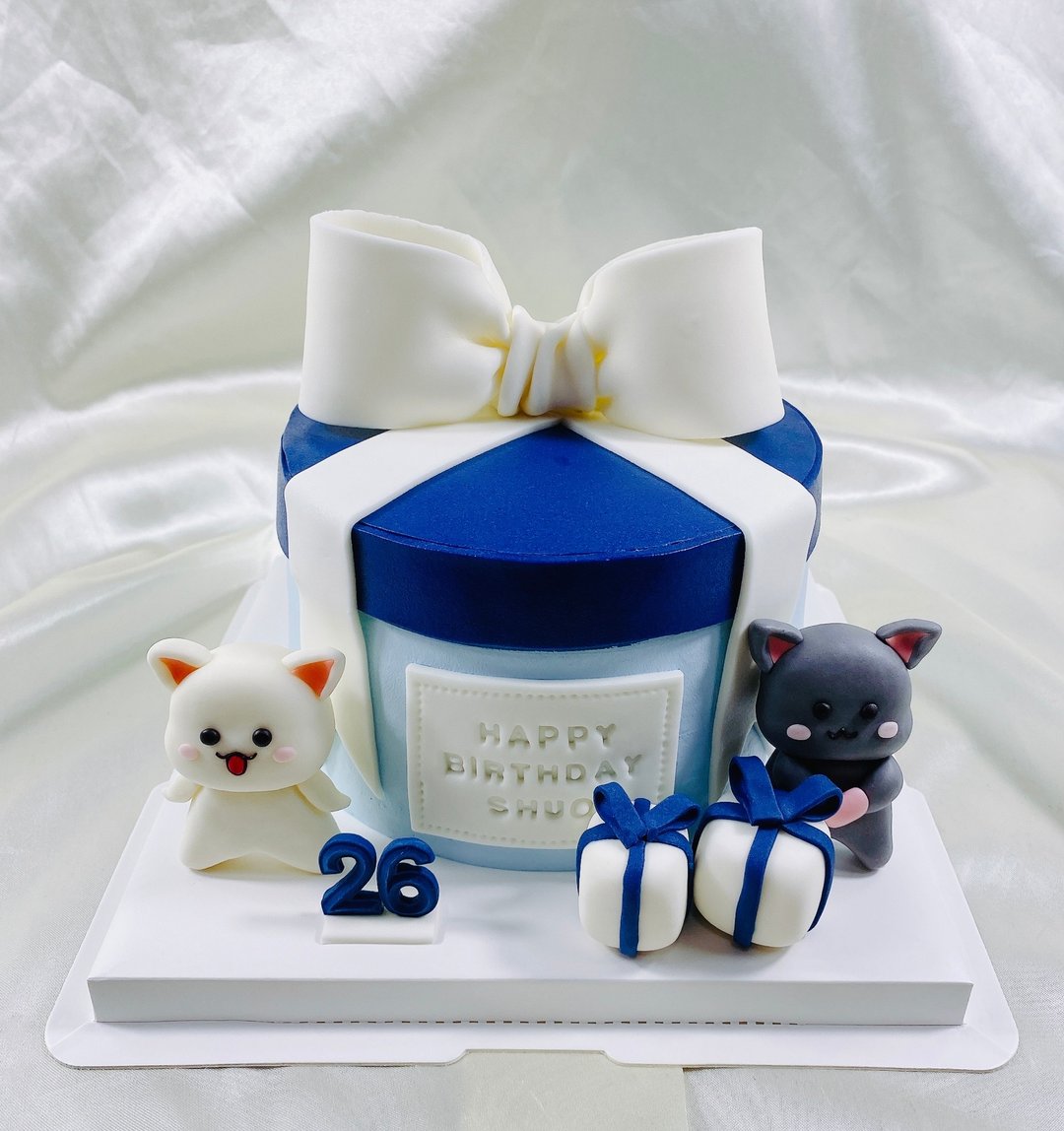 猫猫礼物盒翻糖 蛋糕 生日蛋糕 定制化 甜点 弥月 婚礼 6寸面交 - 蛋糕/甜点 - 新鲜食材 蓝色