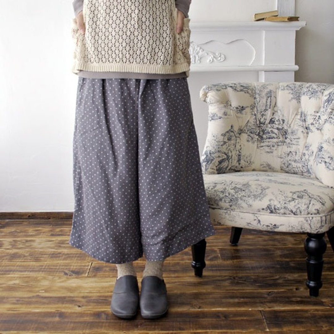 Cat dot linen soft processing wide pants long culottes - 女装长裤 - 棉 灰色