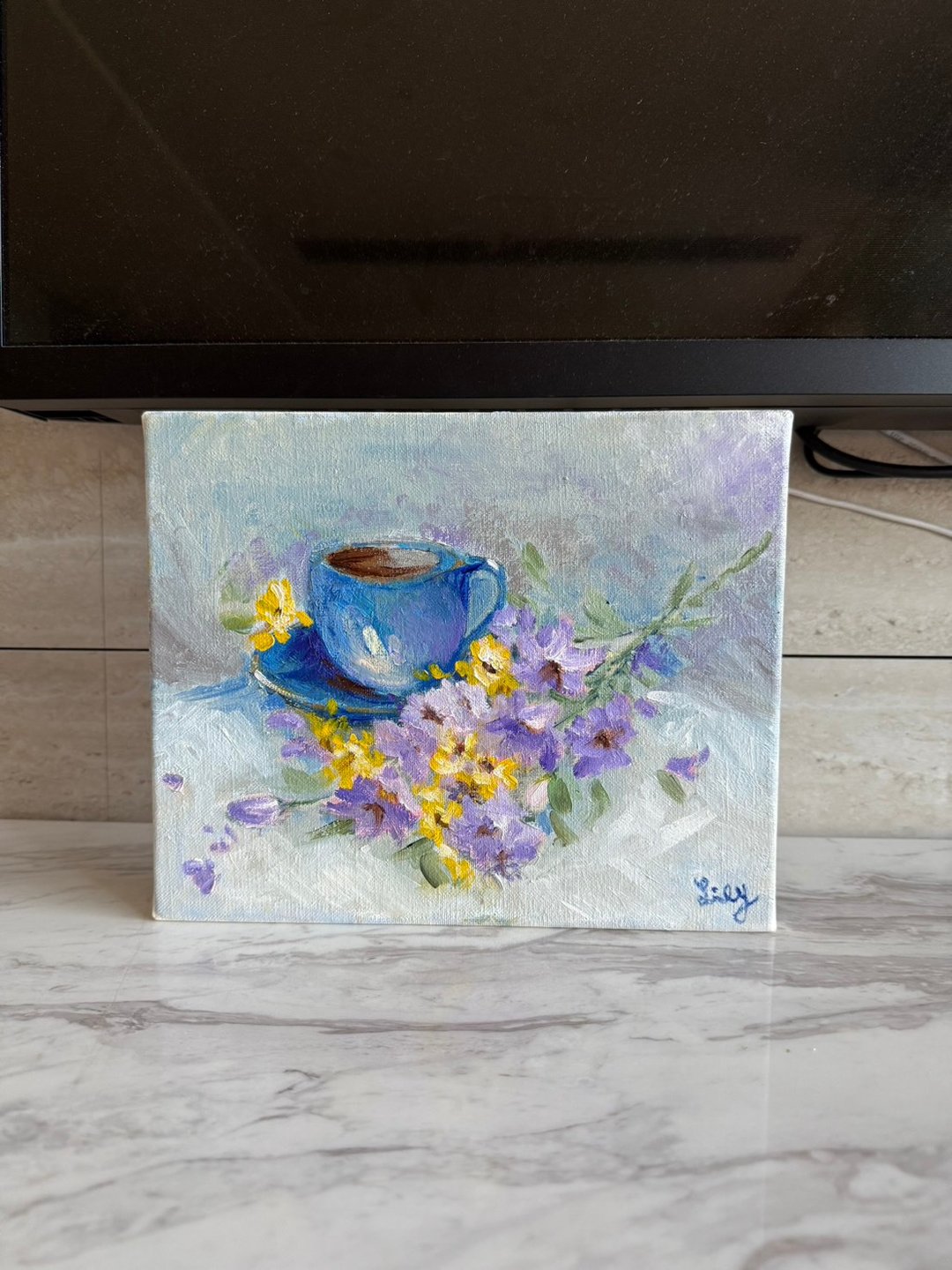 午后蓝杯 - 花与咖啡的静谧时光 手绘油画原作 - 海报/装饰画/版画 - 棉 