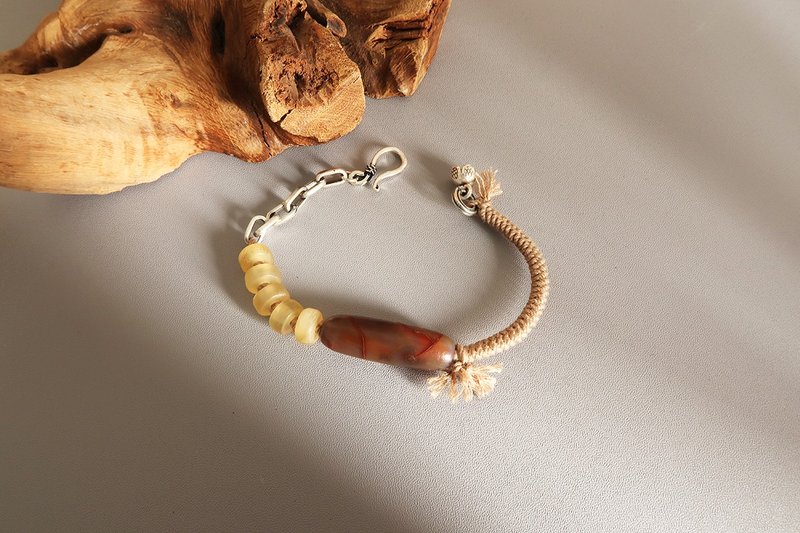 原创小众设计 天然风化老玛瑙羊角手链 纯银做旧 藏风拉满 中性手 - 手链/手环 - 玉石 
