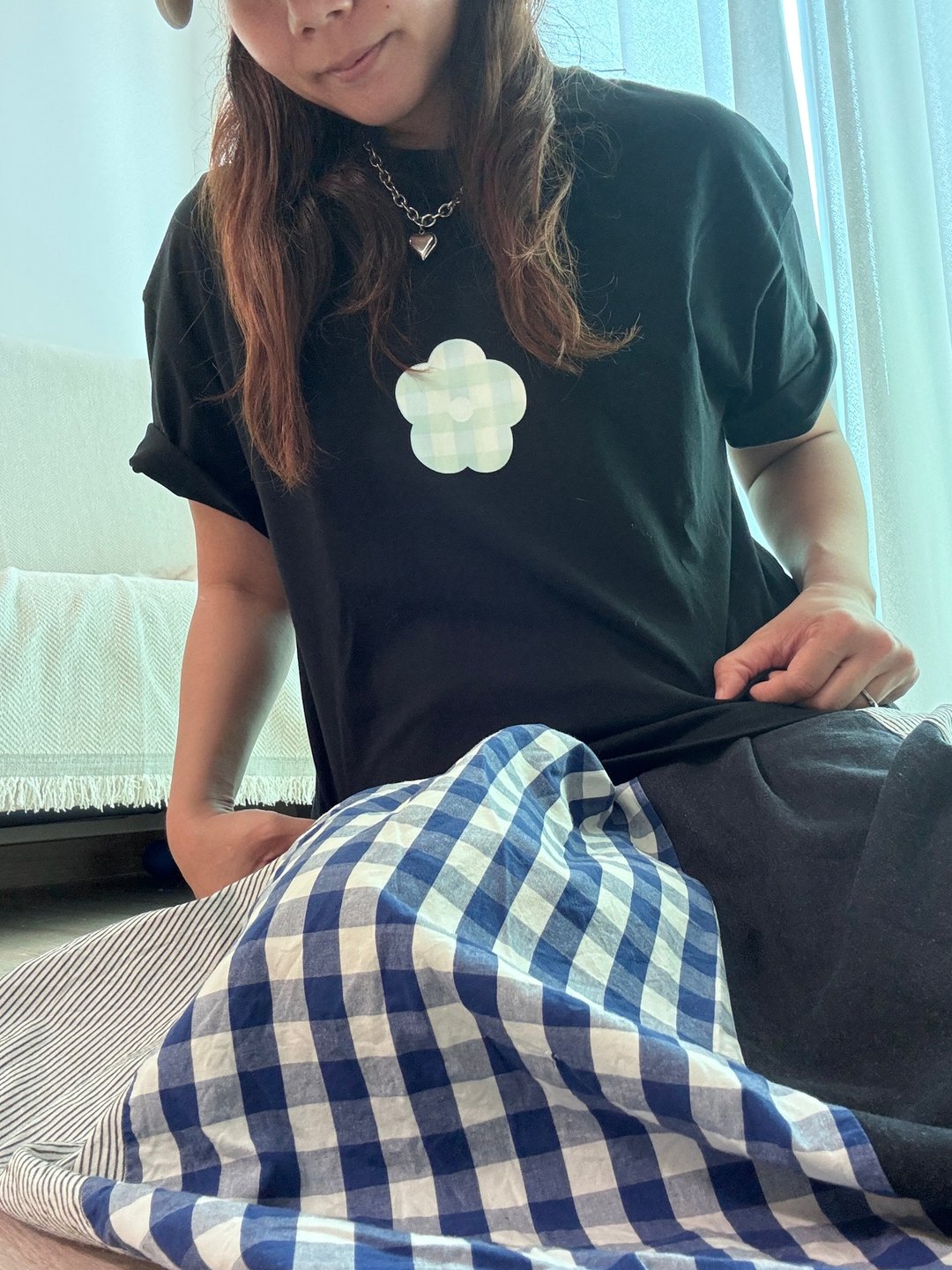 小清新 花朵 T 恤 - 女装 T 恤 - 棉 黑色
