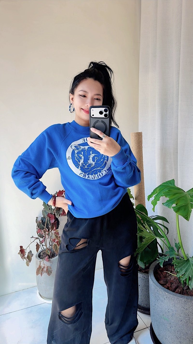 U.S.A. sweatshirt 靛宝蓝色豹猫 宽松大尺寸 古着大学T卫衣 - 中性连帽卫衣/T 恤 - 棉．麻 蓝色