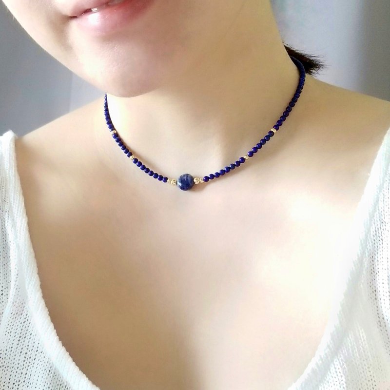 蓝纹石 青金石 锁骨链 简约水晶项链 | 舒缓压力焦虑 正面思维 - 项链 - 水晶 蓝色