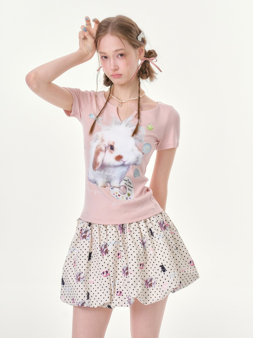 ziziFei''炸毛萌兔''夏季浅粉色兔子印花修身上衣小v领短袖t恤女 - 女装 T 恤 - 其他材质 粉红色