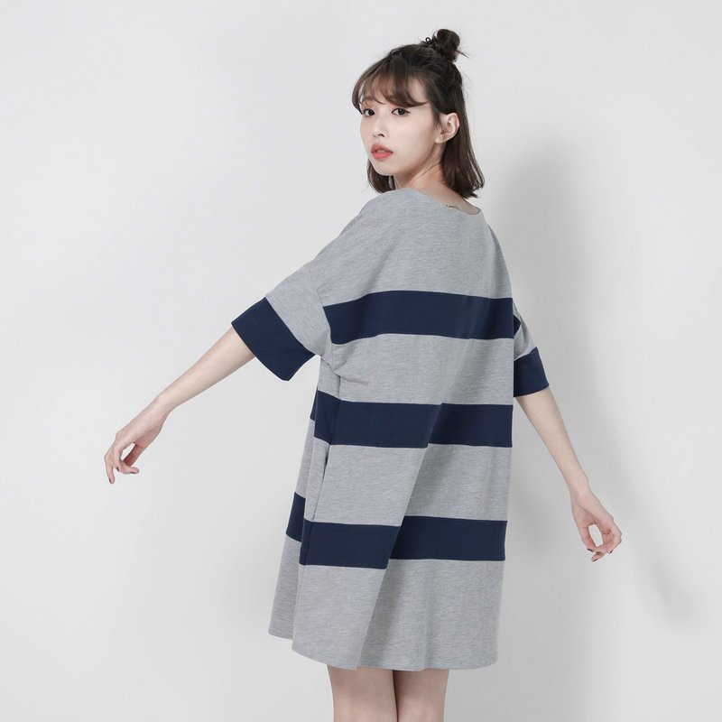 SU:MI said Element 元素条纹宽松上衣洋装_7SF001_灰蓝 - 洋装/连衣裙 - 棉．麻 灰色