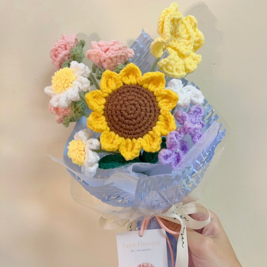 向日葵小花束  编织花 钩织花 针织花 毕业花束七夕 - 干燥花/捧花 - 棉 橘色