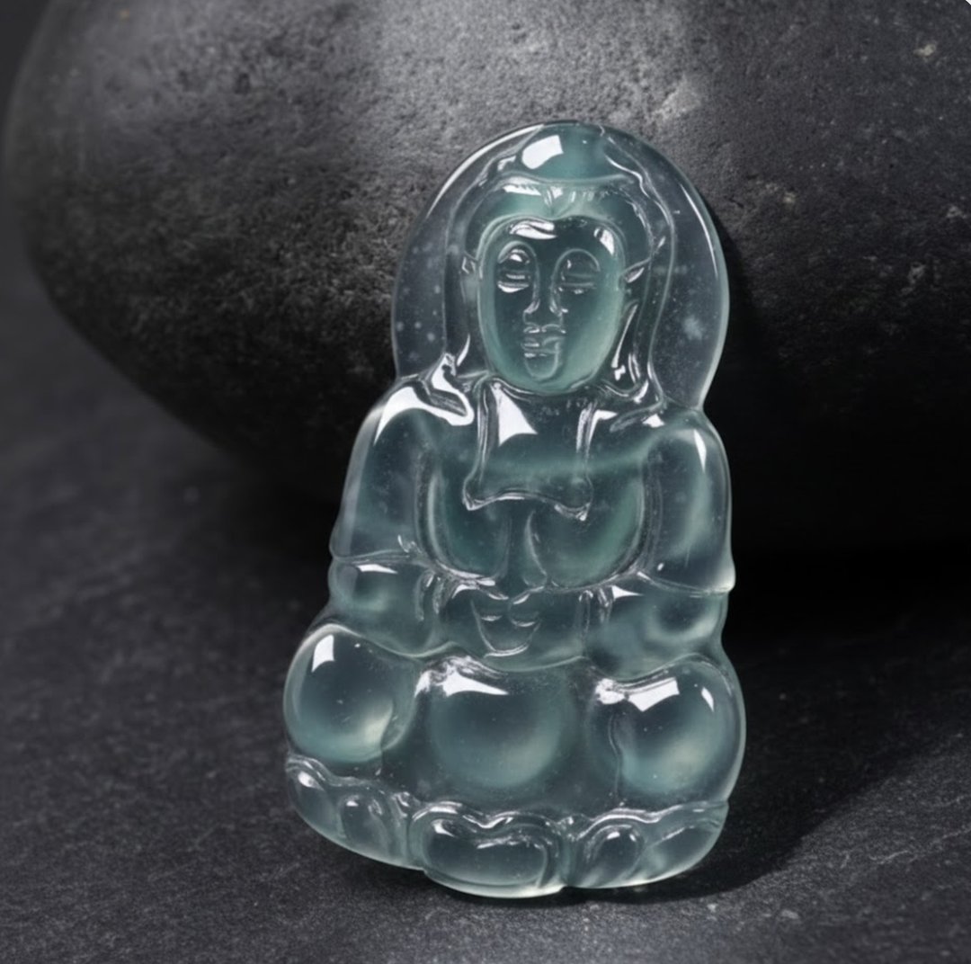 玻璃种蓝水翡翠观音菩萨项链 | 天然翡翠A货 | 送礼 - 项链 - 玉石 蓝色