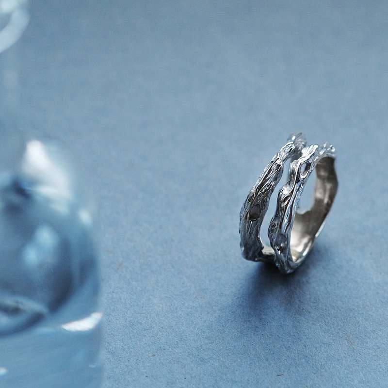 漂流木 纹理 双连 戒指 925银 - 戒指 - 其他金属 银色