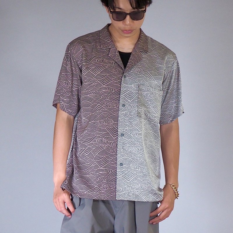 【日本制造】复古丝绸和服翻版、男士衬衫 M、半袖、按扣 - 男装衬衫 - 丝．绢 灰色
